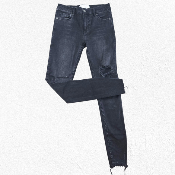 Free People Black Distressed Raw Hem Slim Skinny Jeans Mid Rise Stretch Size 25 - Picture 1 of 10